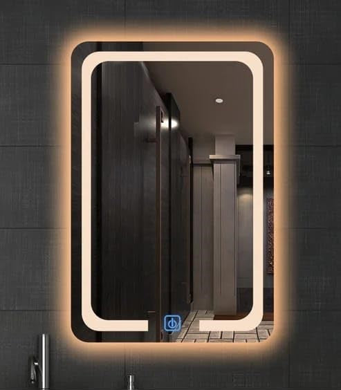 SOFT Vertical LED Vanity Mirror – Rounded Corner Rectangle Mirror with Front Frosted Lighting, Ambient Backlight, & Touch Switch