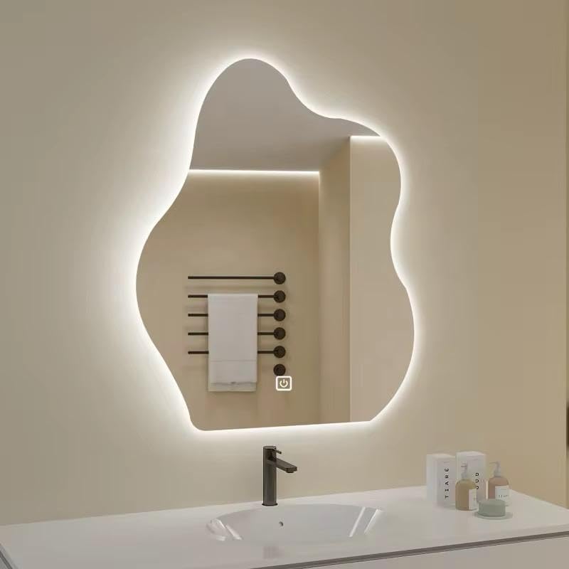 AURA Fluid Shape Modern Irregular LED Wall Mirror – Frameless Backlit with Touch Switch