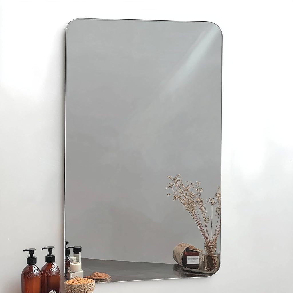 CONTOUR Frameless Rectangular Wall Mirror with Rounded Corners – HD Floating Glass Vanity Mirror, Vertical or Horizontal Mounting