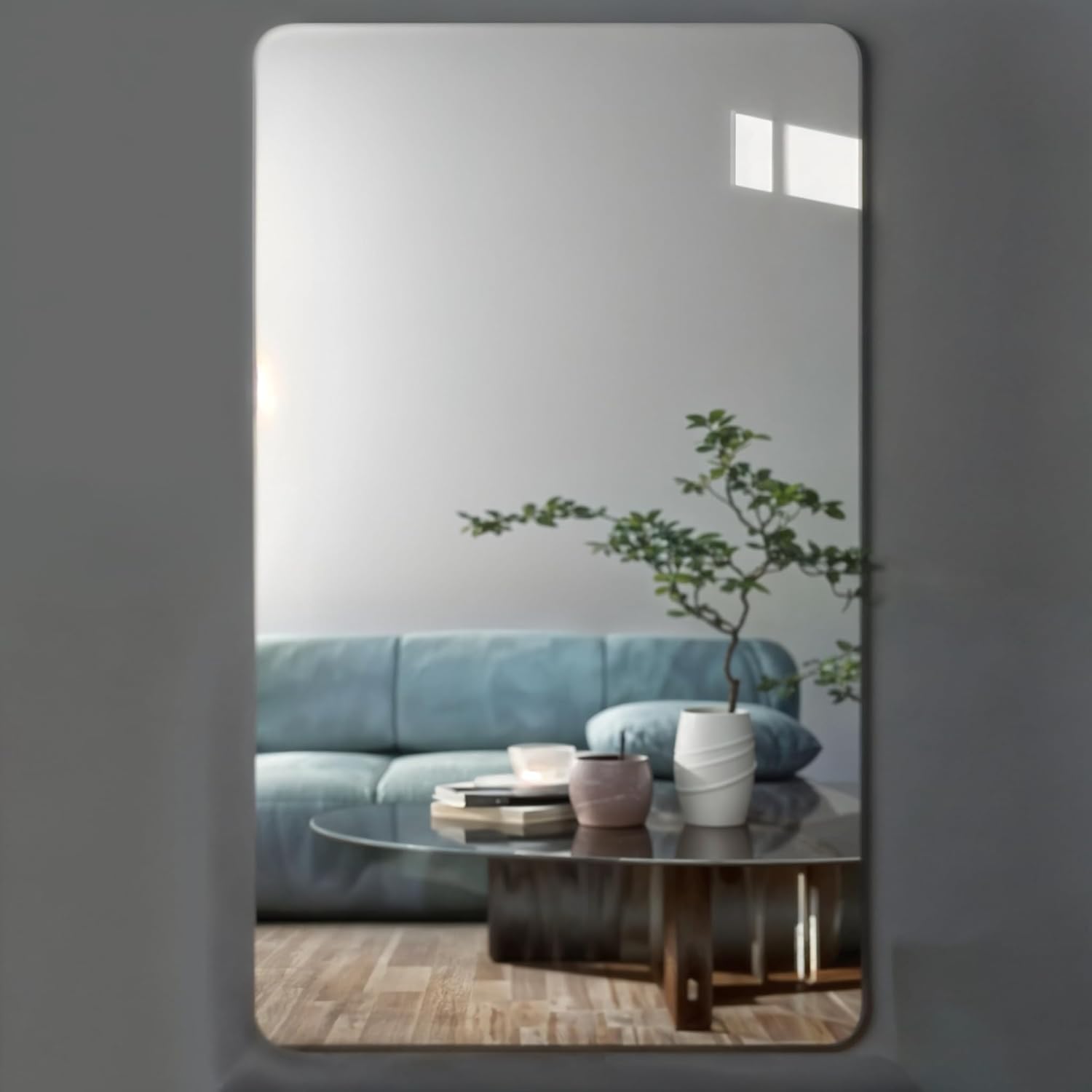 CONTOUR Frameless Rectangular Wall Mirror with Rounded Corners – HD Floating Glass Vanity Mirror, Vertical or Horizontal Mounting