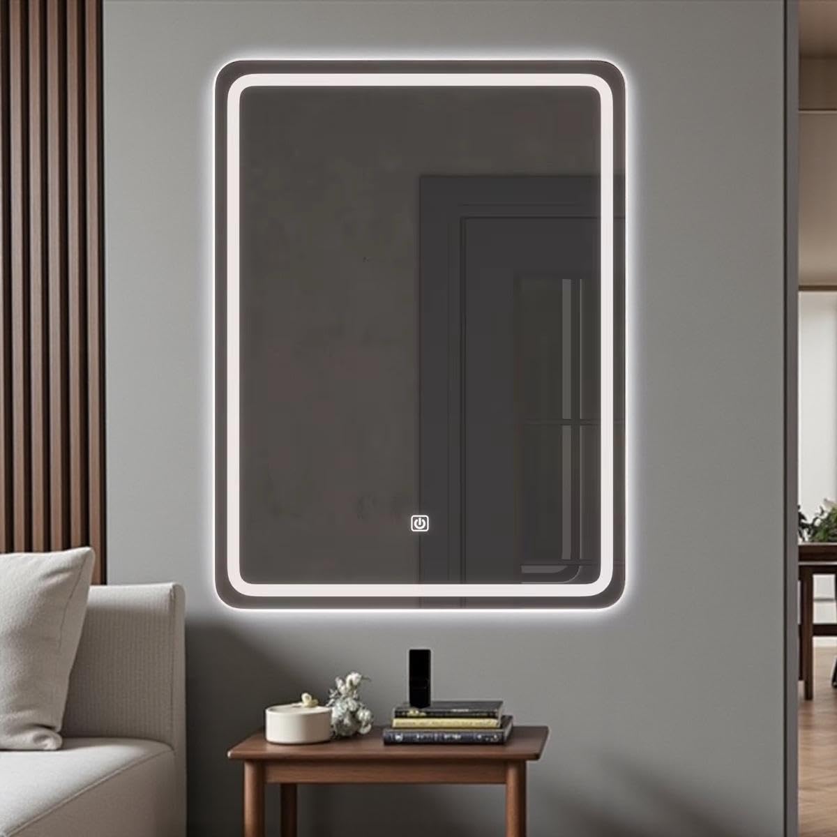 PRISM Rectangular LED Bathroom Vanity Mirror – Frontlit & Backlit Wall Mirror with Rounded Corners and Touch Sensor Dimmer