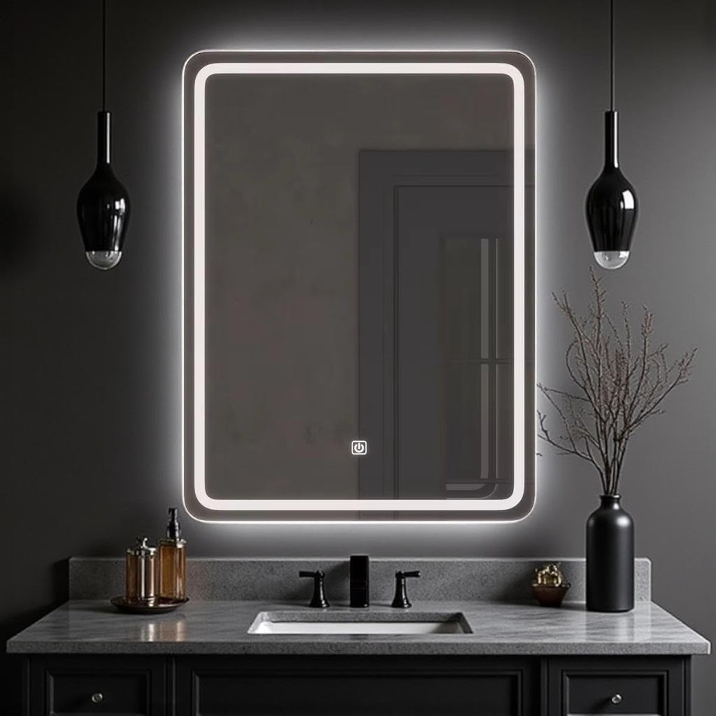 PRISM Rectangular LED Bathroom Vanity Mirror – Frontlit & Backlit Wall Mirror with Rounded Corners and Touch Sensor Dimmer