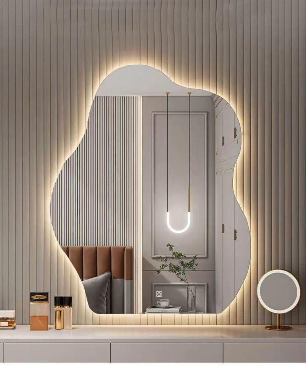 AURA Fluid Shape Modern Irregular LED Wall Mirror – Frameless Backlit with Touch Switch