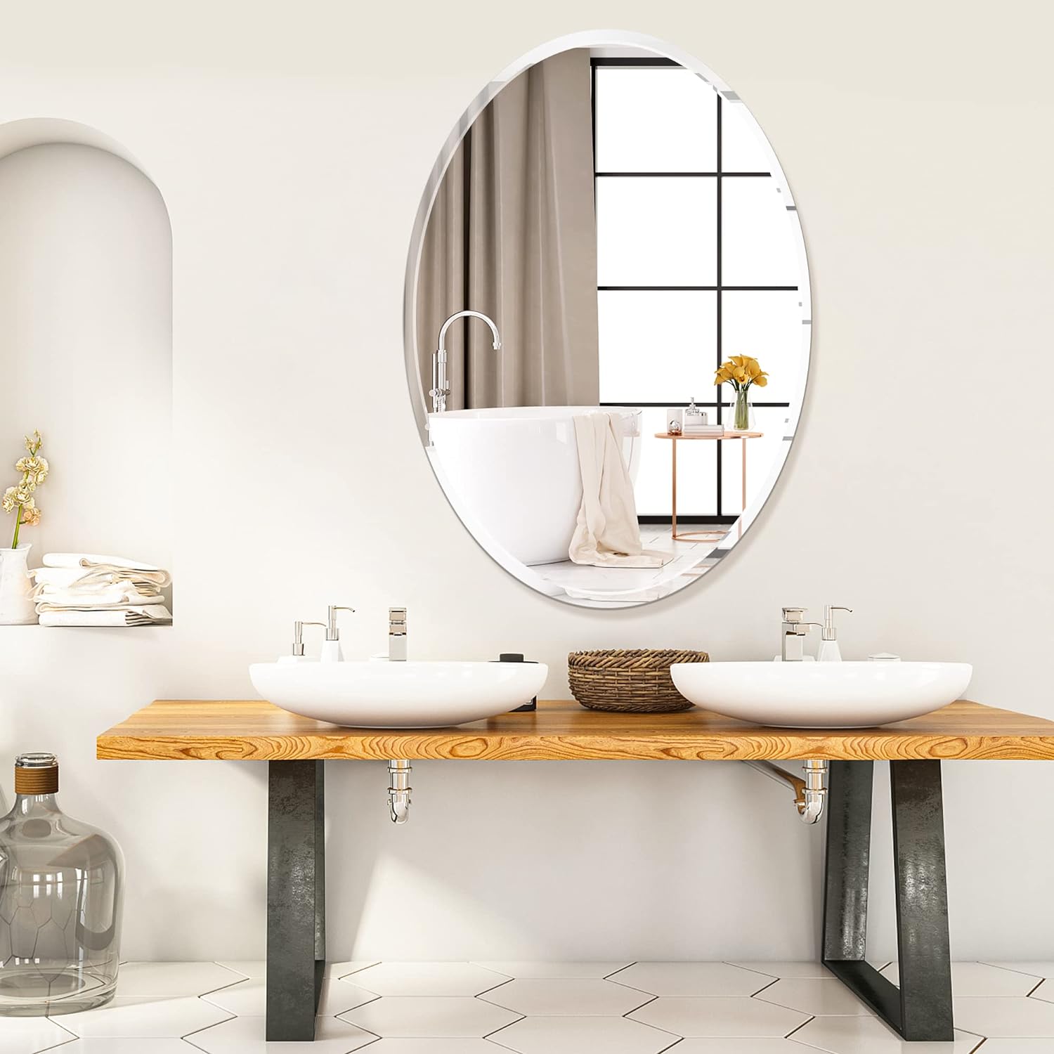BEVES Oval Bevelled Mirror – Frameless Ellipse Mirror with Elegant 2cm Bevelled Edge