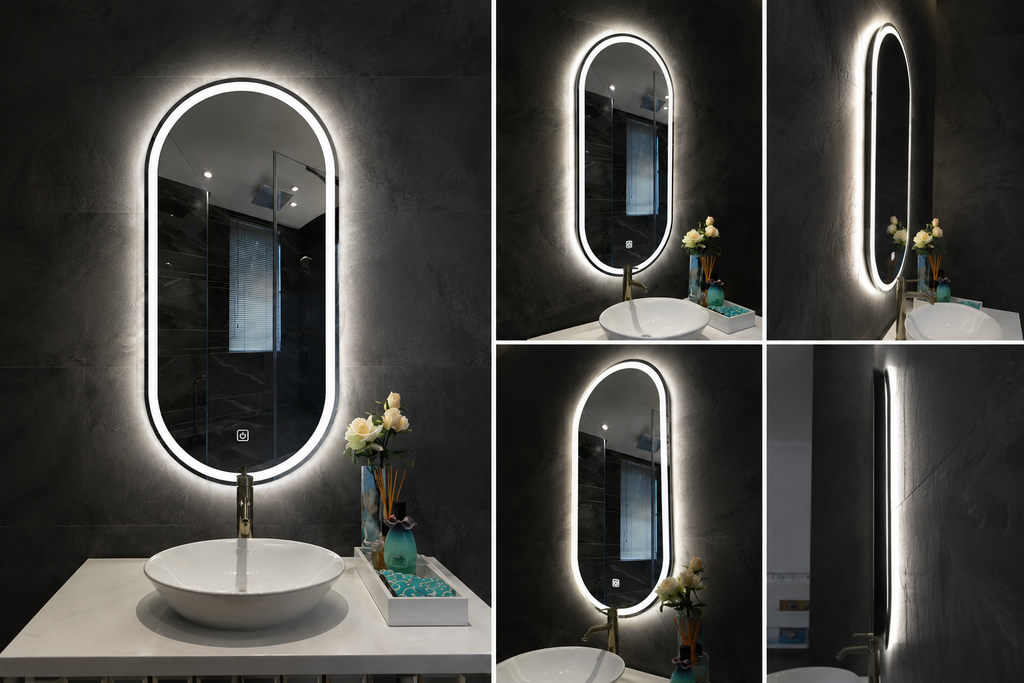 PILSO French Cut LED Illuminated Bathroom Mirror – Vertical Pill-Shaped Mirror with Front Light Strip, Ambient Backlight, & Touch Switch