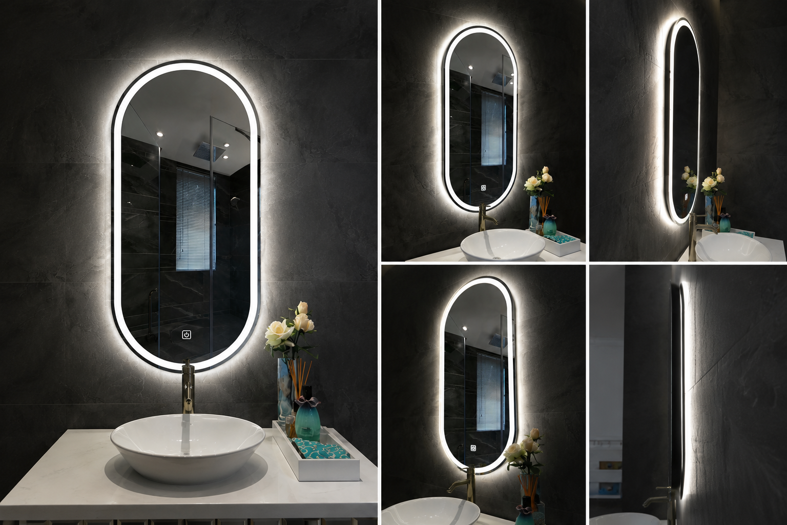 PILSO French Cut LED Illuminated Bathroom Mirror – Vertical Pill-Shaped Mirror with Front Light Strip, Ambient Backlight, & Touch Switch