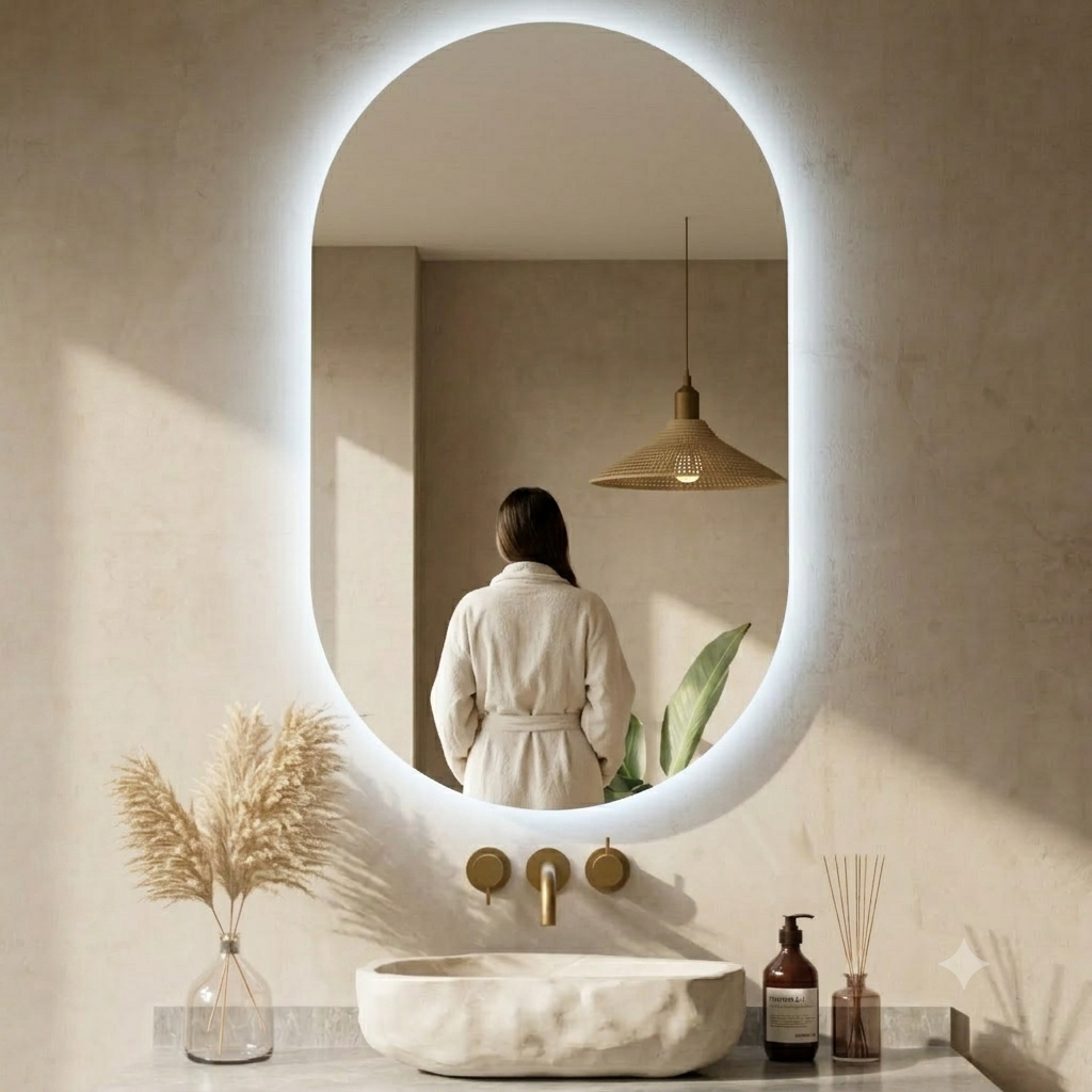 ARTIC Organic LED Vanity Mirror – Frameless Irregular Mirror with LED Soft Backlit Halo Glow