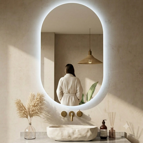 ARTIC Organic LED Vanity Mirror – Frameless Irregular Mirror with LED Soft Backlit Halo Glow