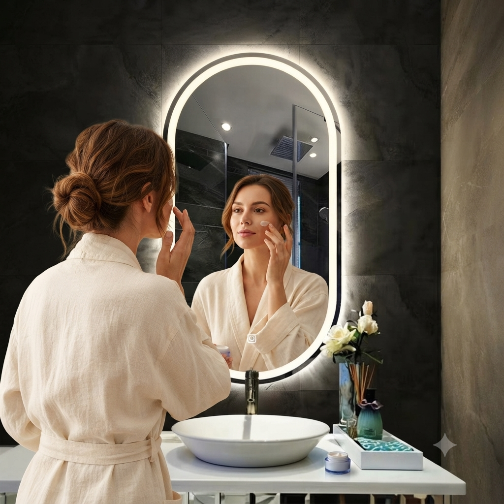 PILSO French Cut LED Illuminated Bathroom Mirror – Vertical Pill-Shaped Mirror with Front Light Strip, Ambient Backlight, & Touch Switch