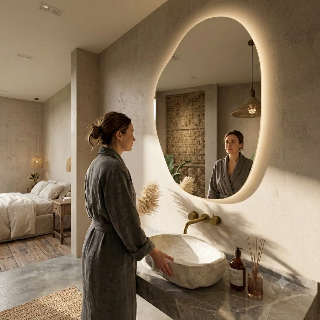 ROCO Asymmetric Organic LED Vanity Mirror – Frameless Irregular Mirror with LED Backlit Halo