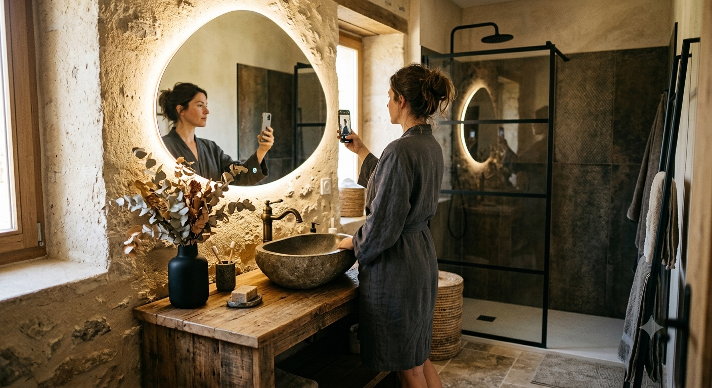 LUNA Organic LED Vanity Mirror – Frameless Asymmetrical Irregular Mirror with Touch Switch - LED Backlit Halo.