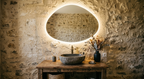 LUNA Organic LED Vanity Mirror – Frameless Asymmetrical Irregular Mirror with Touch Switch - LED Backlit Halo.