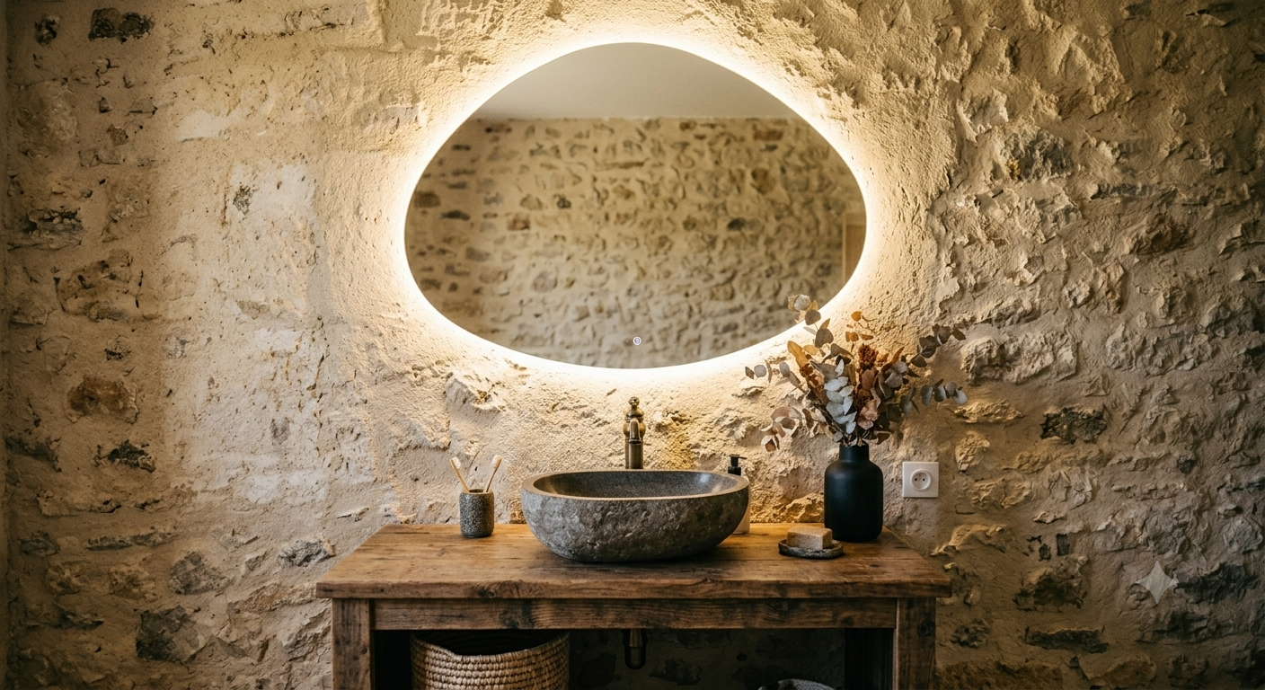 LUNA Organic LED Vanity Mirror – Frameless Asymmetrical Irregular Mirror with Touch Switch - LED Backlit Halo.