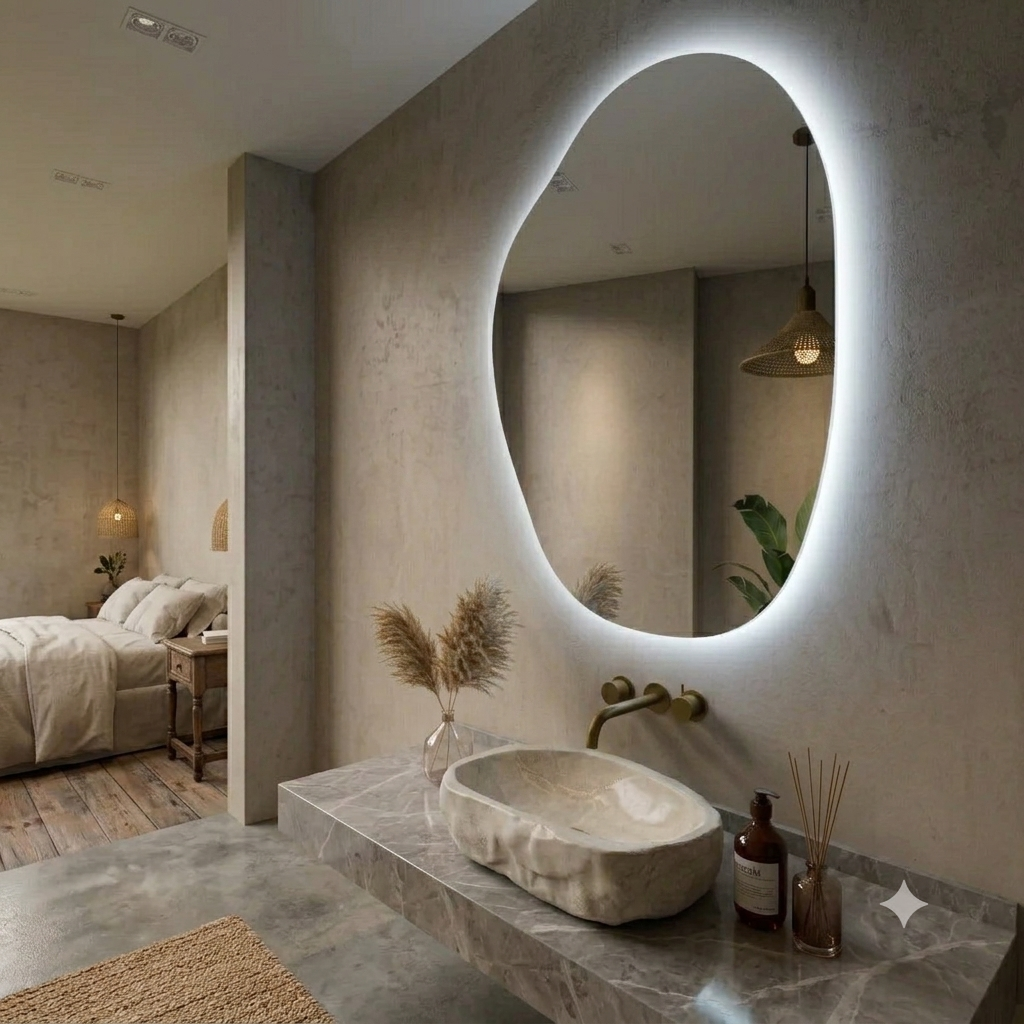 ROCO Asymmetric Organic LED Vanity Mirror – Frameless Irregular Mirror with LED Backlit Halo