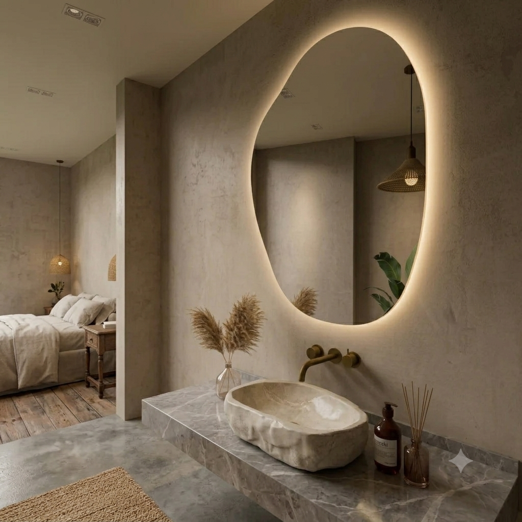 ROCO Asymmetric Organic LED Vanity Mirror – Frameless Irregular Mirror with LED Backlit Halo