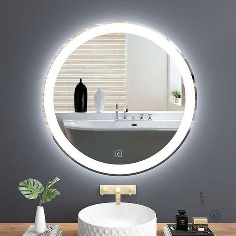 Round Hatched-Edge Mirror with White LED (Touch Switch)