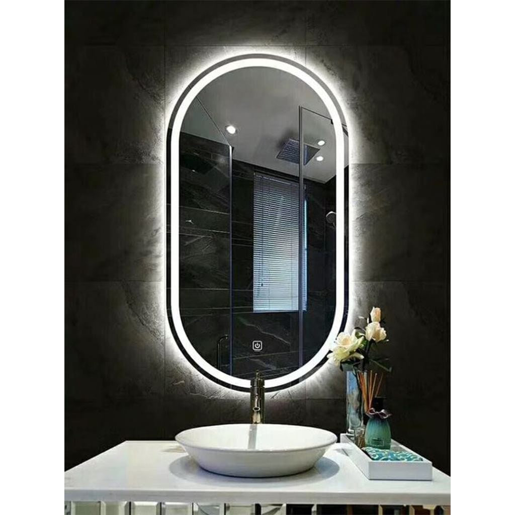 PILSO French Cut LED Illuminated Bathroom Mirror – Vertical Pill-Shaped Mirror with Front Light Strip, Ambient Backlight, & Touch Switch