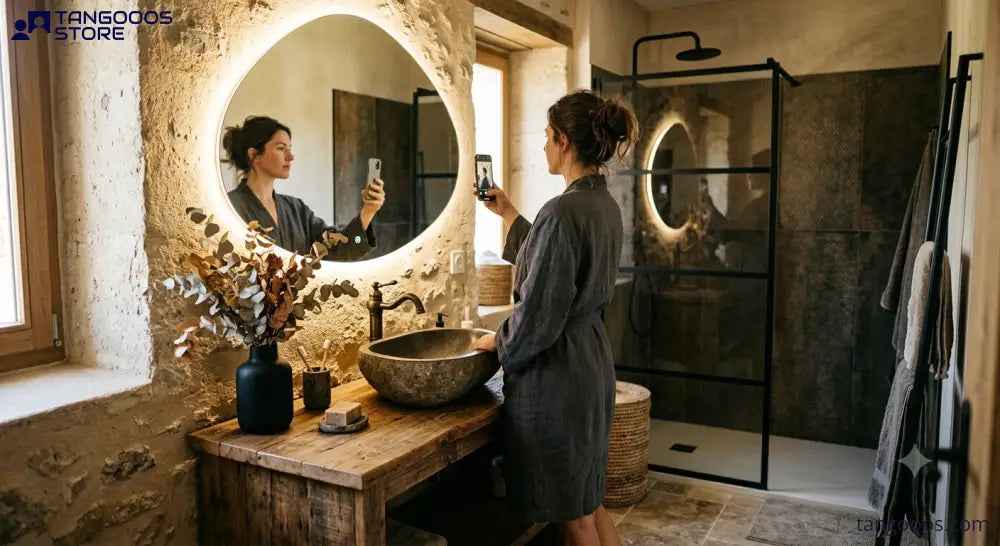 LUNA Organic LED Vanity Mirror – Frameless Asymmetrical Irregular Mirror with Touch Switch - LED Backlit Halo. - Wall