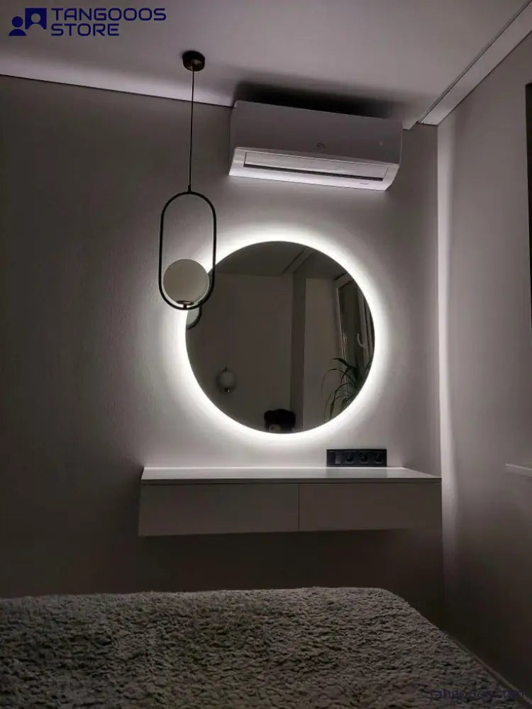 ORB Modern Round LED Backlit Bathroom Mirror – Frameless Circular Floating Mirror with Soft Ambient Lighting - Wall