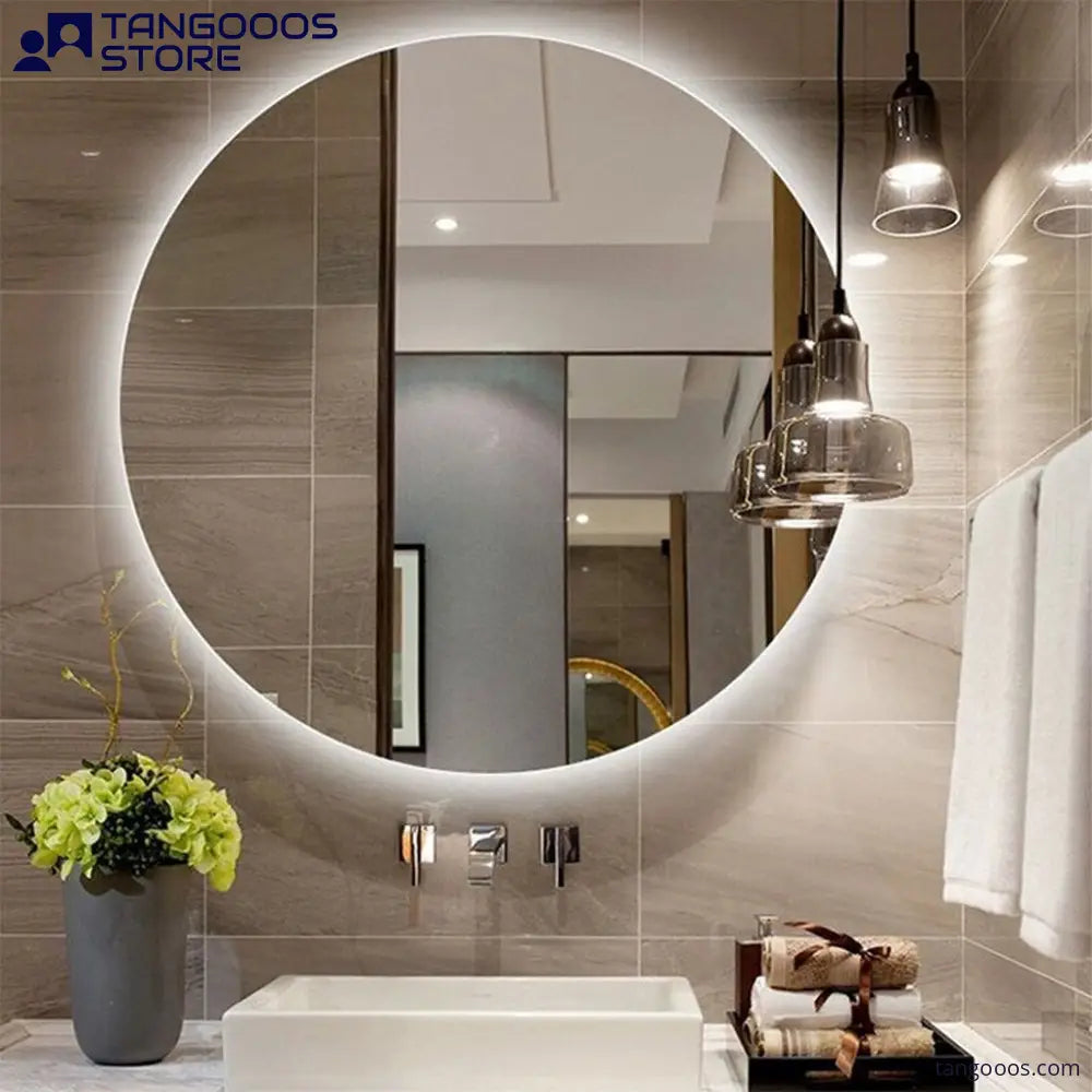 ORB Modern Round LED Backlit Bathroom Mirror – Frameless Circular Floating Mirror with Soft Ambient Lighting - Wall