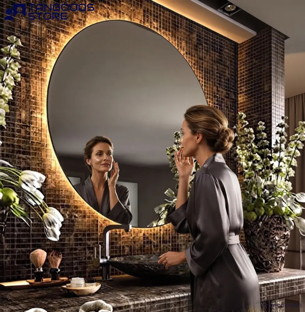 ORB Modern Round LED Backlit Bathroom Mirror – Frameless Circular Floating Mirror with Soft Ambient Lighting - Wall