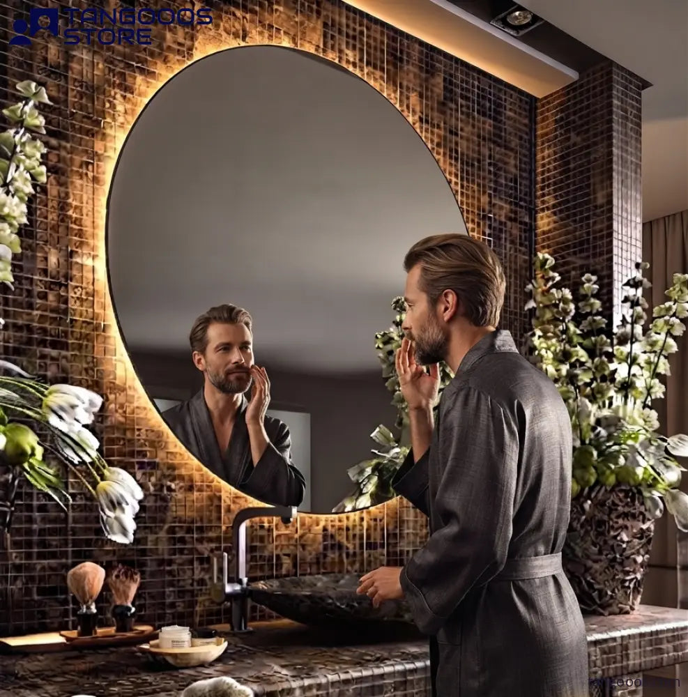 ORB Modern Round LED Backlit Bathroom Mirror – Frameless Circular Floating Mirror with Soft Ambient Lighting - Wall