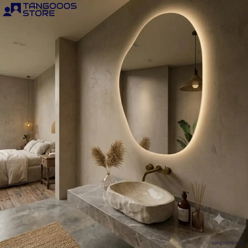 ROCO Asymmetric Organic LED Vanity Mirror – Frameless Irregular Mirror with LED Backlit Halo - Wall Mirror