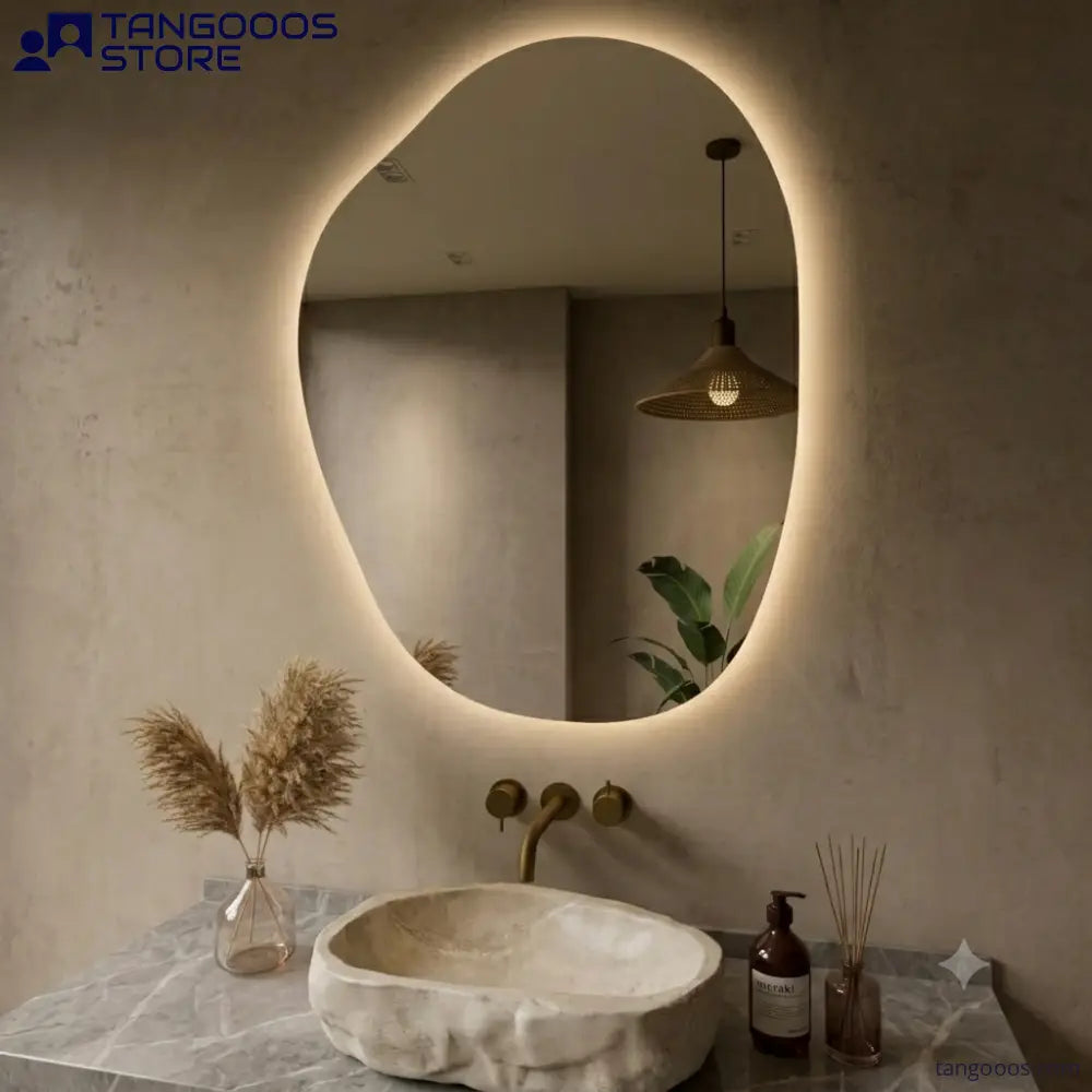 ROCO Asymmetric Organic LED Vanity Mirror – Frameless Irregular Mirror with LED Backlit Halo - Wall Mirror