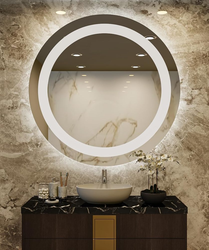 LED Warm Light Mirror - Diameter 60 cm - Thickness 4 mm - Hatched - Circular