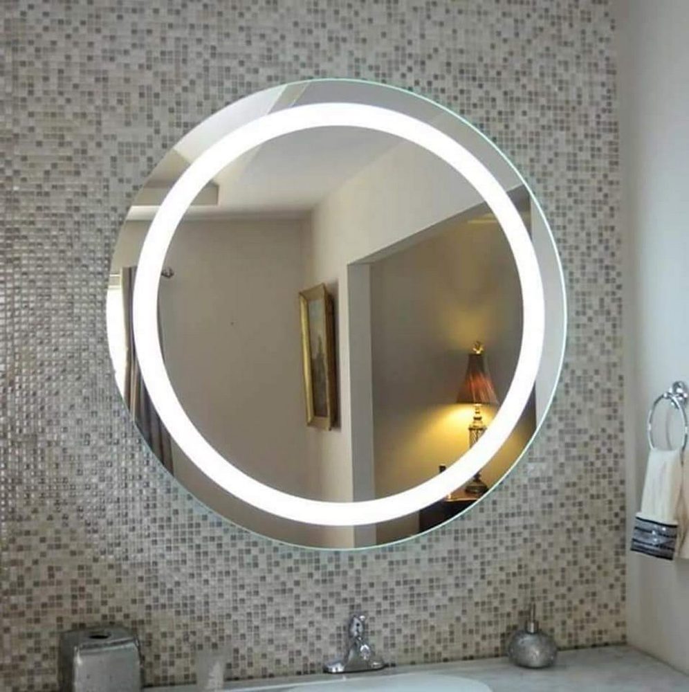 Round Mirror - Hatched Line - White LED lighting with Touch switch (60cm Diameter - 4mm Thick.)